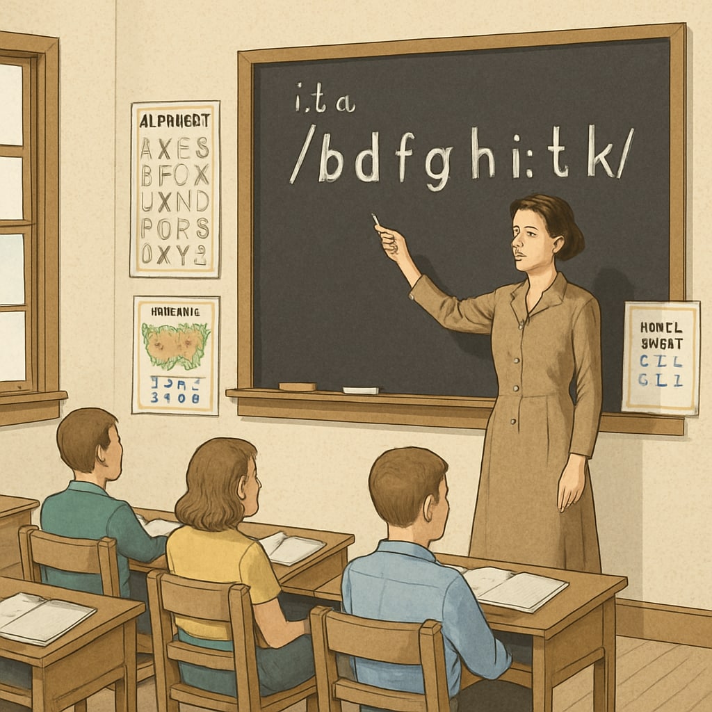 A vintage classroom using the Initial Teaching Alphabet, featuring a teacher writing phonetic symbols on a blackboard. A classroom scene showing the Initial Teaching Alphabet in use during the 70s education experiment.
