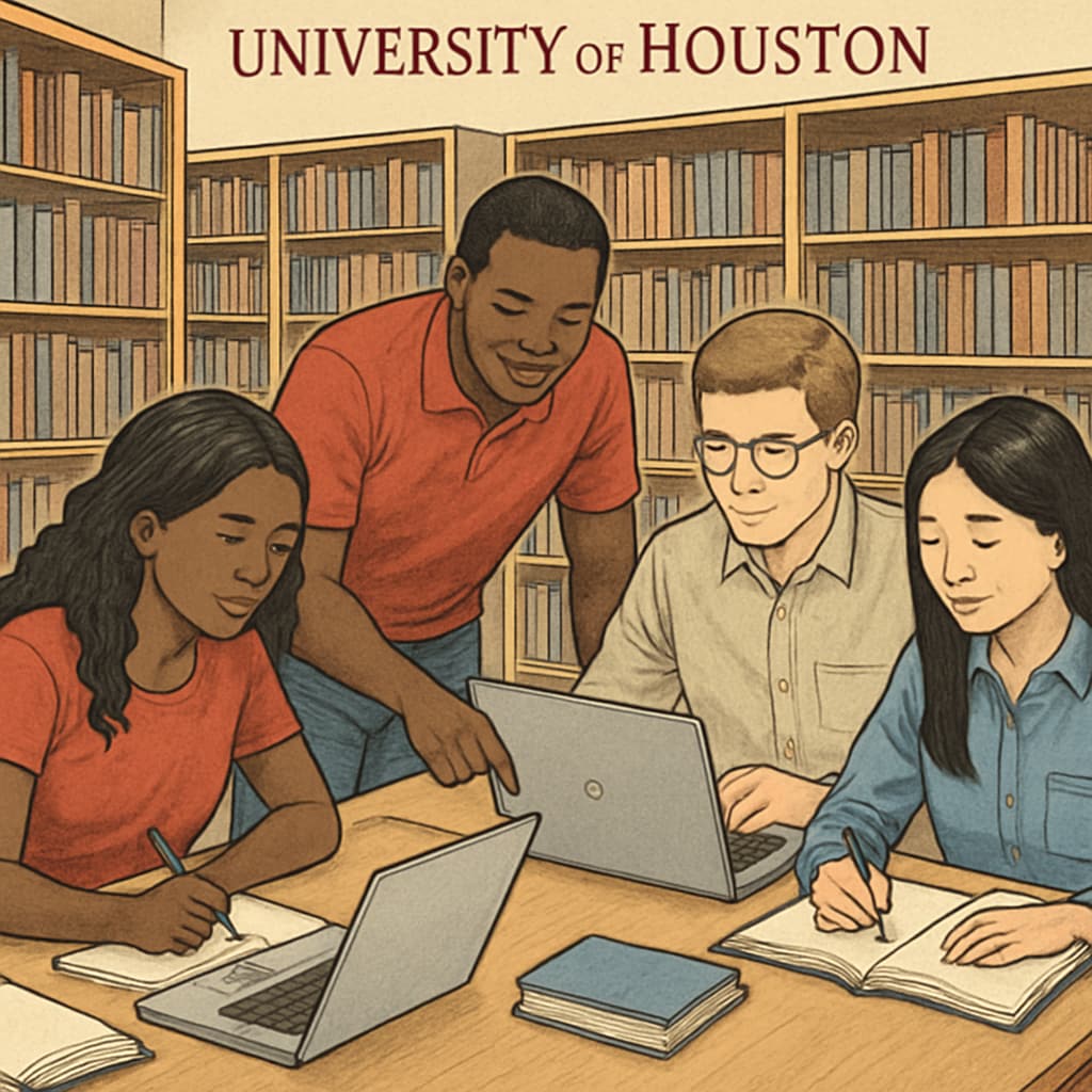 A group of students in a library at the University of Houston collaborating on a project. University of Houston students working together on a project to enhance learning.