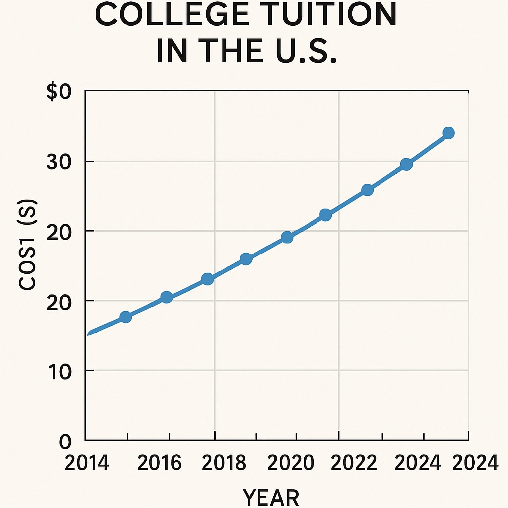 A graph or chart showing the average cost of college tuition in the U.S. over the past decade. This image complements the discussion of rising tuition costs and financial challenges. A graph depicting the increase in U.S. college tuition over the years.