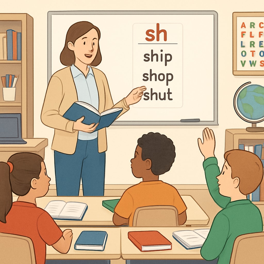 A teacher assisting students with phonics-based learning in a modern classroom, symbolizing lessons learned from ITA. A modern classroom showcasing phonics teaching methods inspired by the Initial Teaching Alphabet's shortcomings.