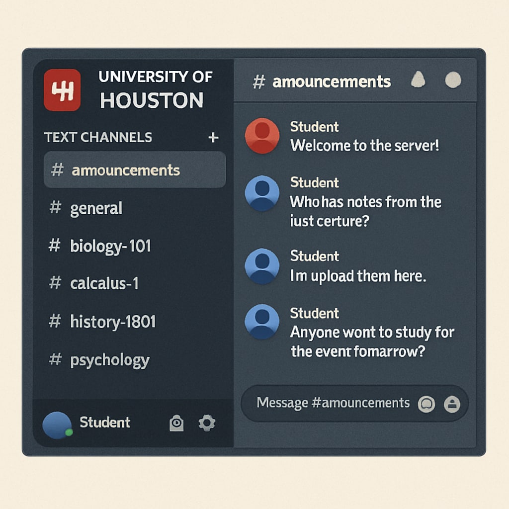 A screenshot of a Discord server for University of Houston students, showing organized study channels. A Discord server for University of Houston students with organized channels for study discussions.