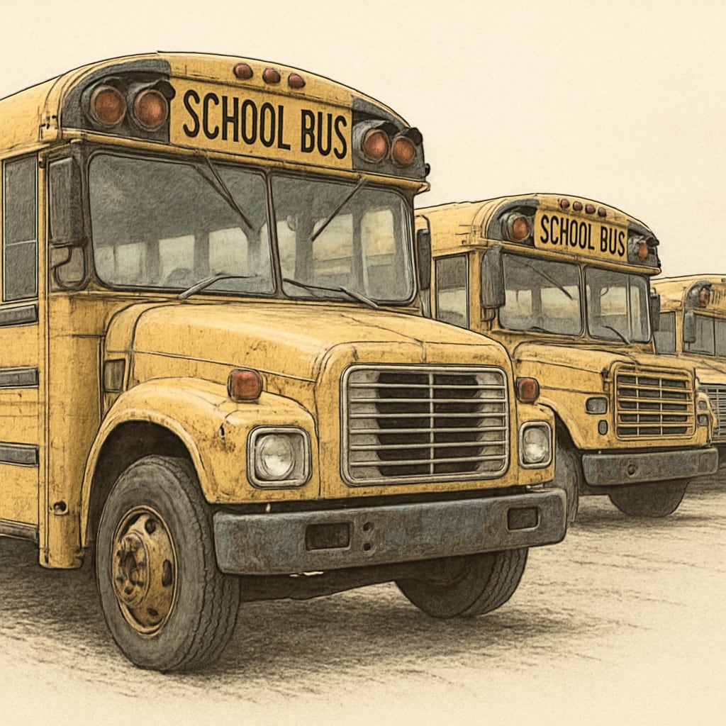 A fleet of outdated school buses, symbolizing inefficiencies in transportation funding in K12 education systems. School buses representing funding inefficiencies in K12 education.