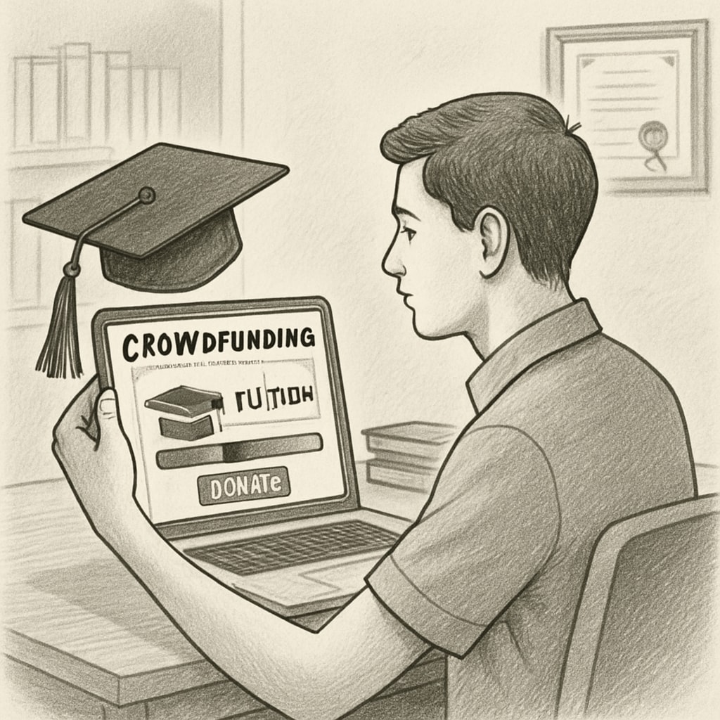 A student holding a graduation cap and looking at a crowdfunding website on their laptop. Represents modern solutions like crowdfunding for tuition challenges. Crowdfunding for tuition challenges and medical school applications.