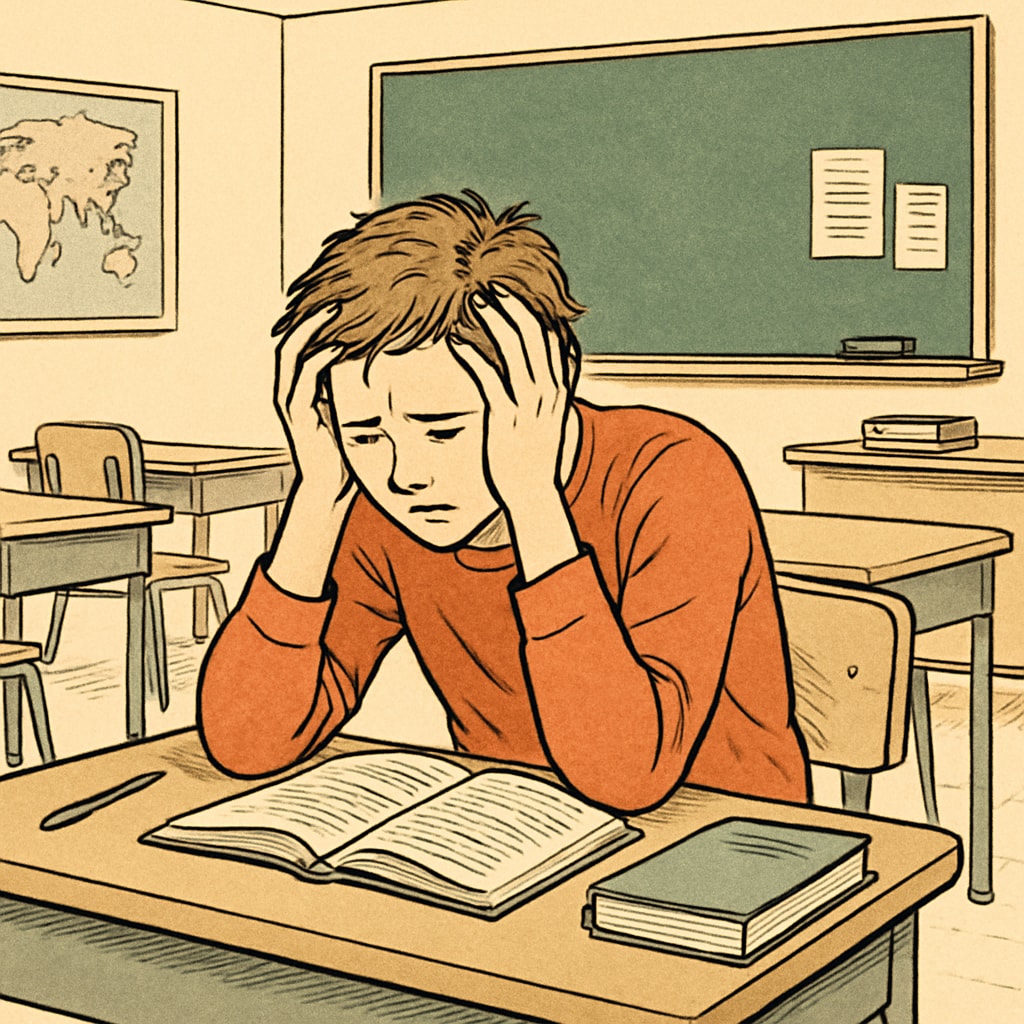 A frustrated student holding their head in a classroom, symbolizing the emotional impact of false plagiarism accusations. A frustrated student in a classroom, representing the harm of false plagiarism accusations.