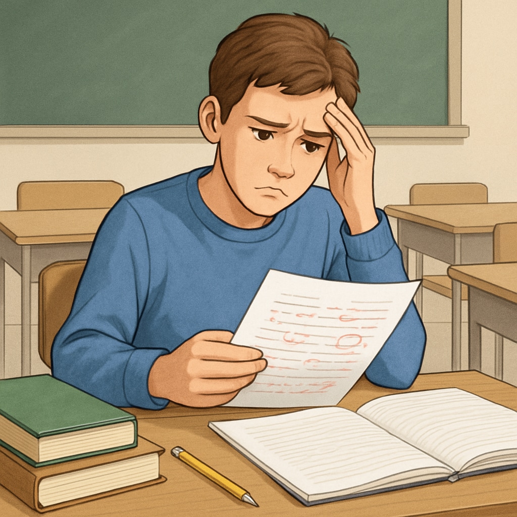 A student sitting at a desk, looking frustrated while reviewing a marked paper. A frustrated student reviewing a marked paper, accused of plagiarism.