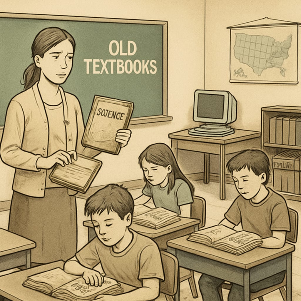 A classroom with outdated textbooks and limited technology, illustrating poor resource allocation in K12 schools. Classroom showing resource allocation issues in K12 education.
