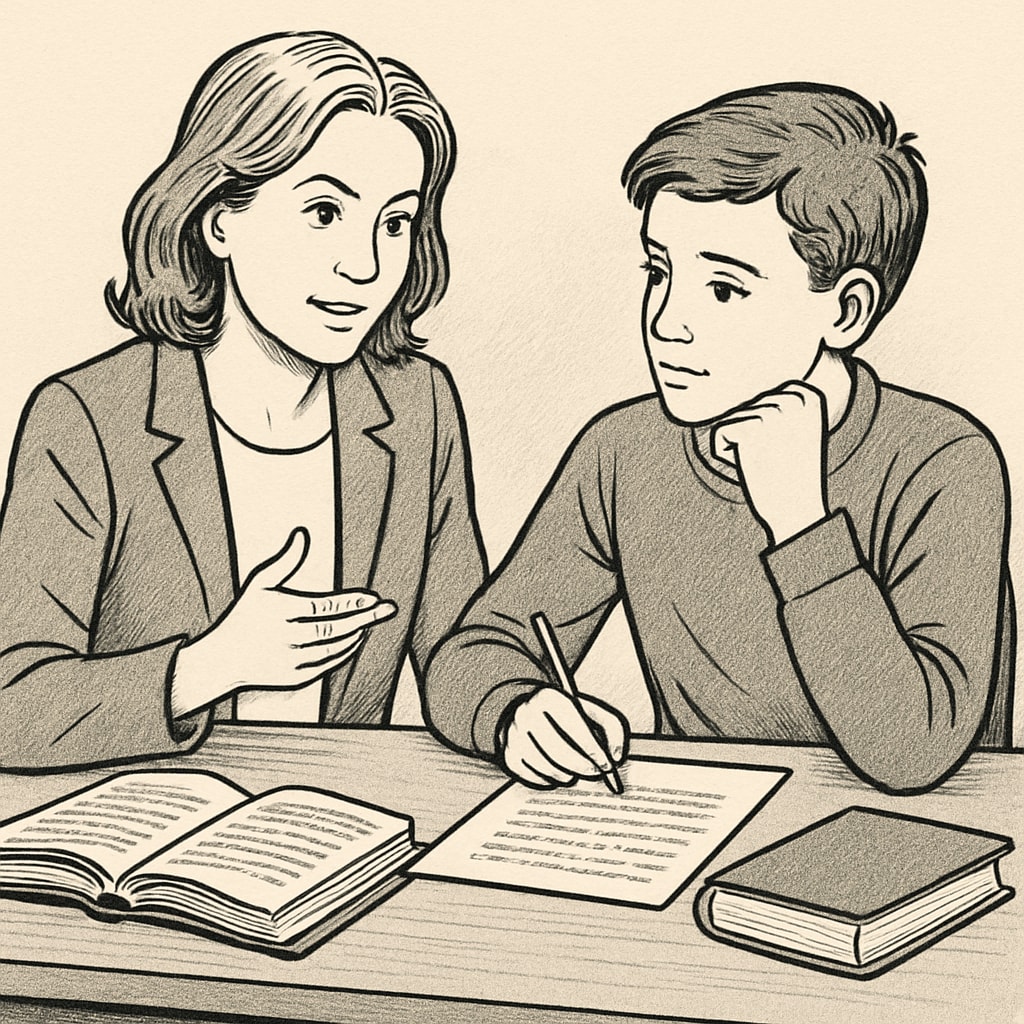 A teacher and student engaging in a discussion over a written assignment, symbolizing constructive academic dialogue. A teacher and student discussing an assignment, highlighting the importance of constructive dialogue in resolving plagiarism concerns.