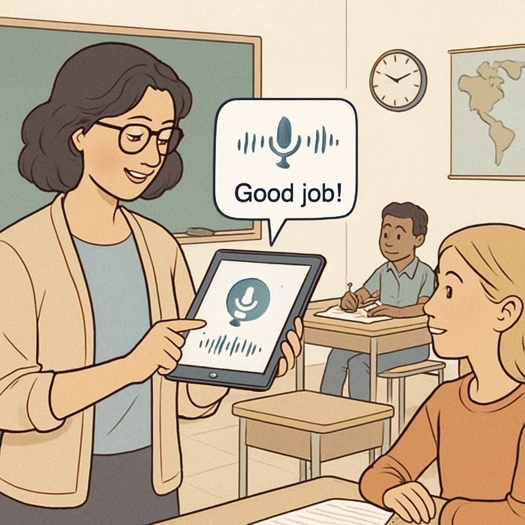 A teacher using a voice-to-text tool on a tablet to provide feedback in a classroom. A teacher using voice-to-text technology for education feedback and teaching efficiency.