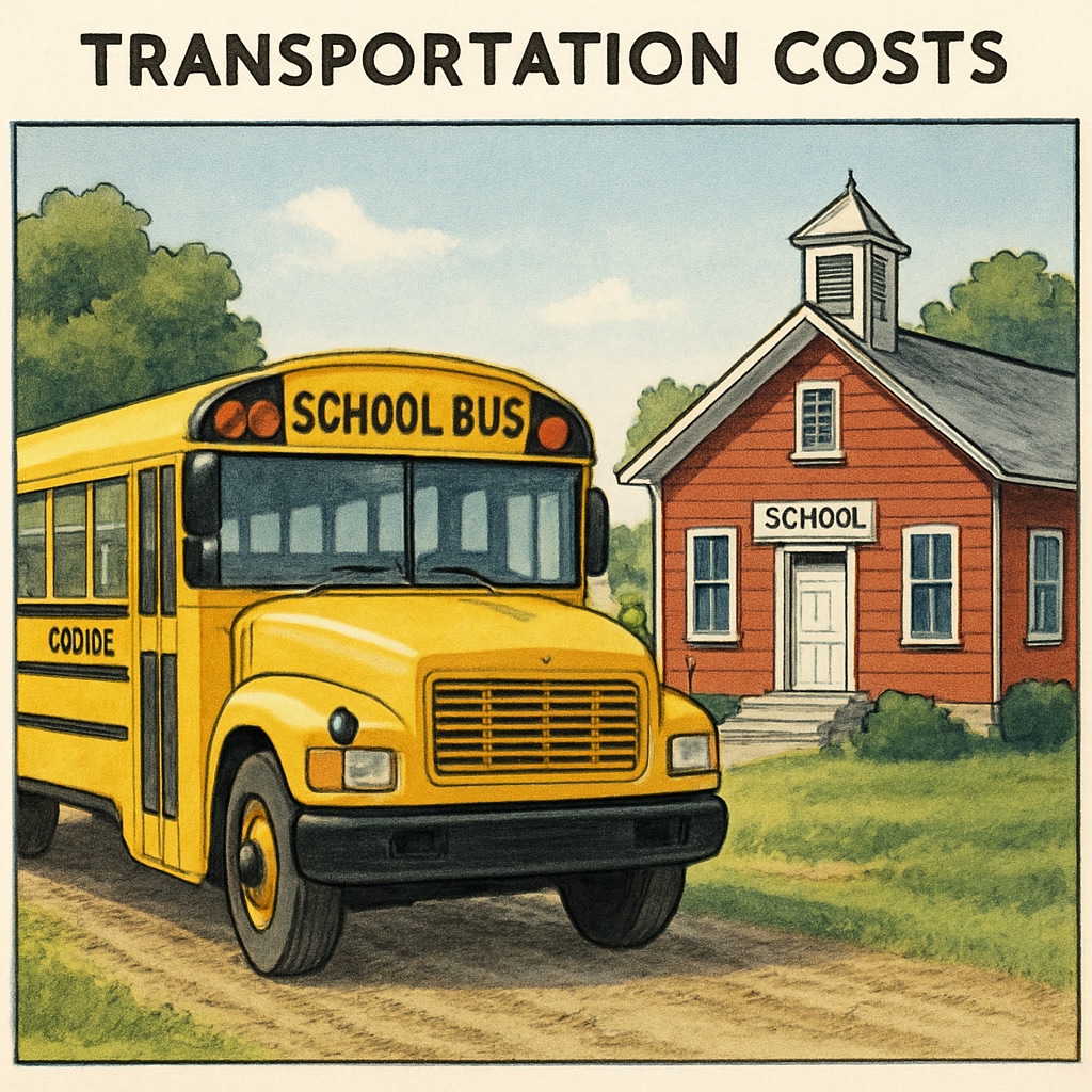 A school bus parked in front of a rural school, symbolizing transportation costs in education funding. School bus representing transportation costs in per-student spending analysis.