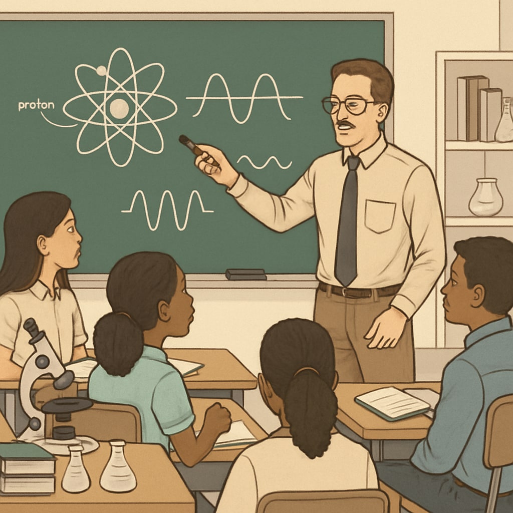 A high school science teacher explaining a concept to a diverse group of students, including English Language Learners, in a classroom setting. High school science teacher supporting English Language Learners with visual aids and interactive teaching.