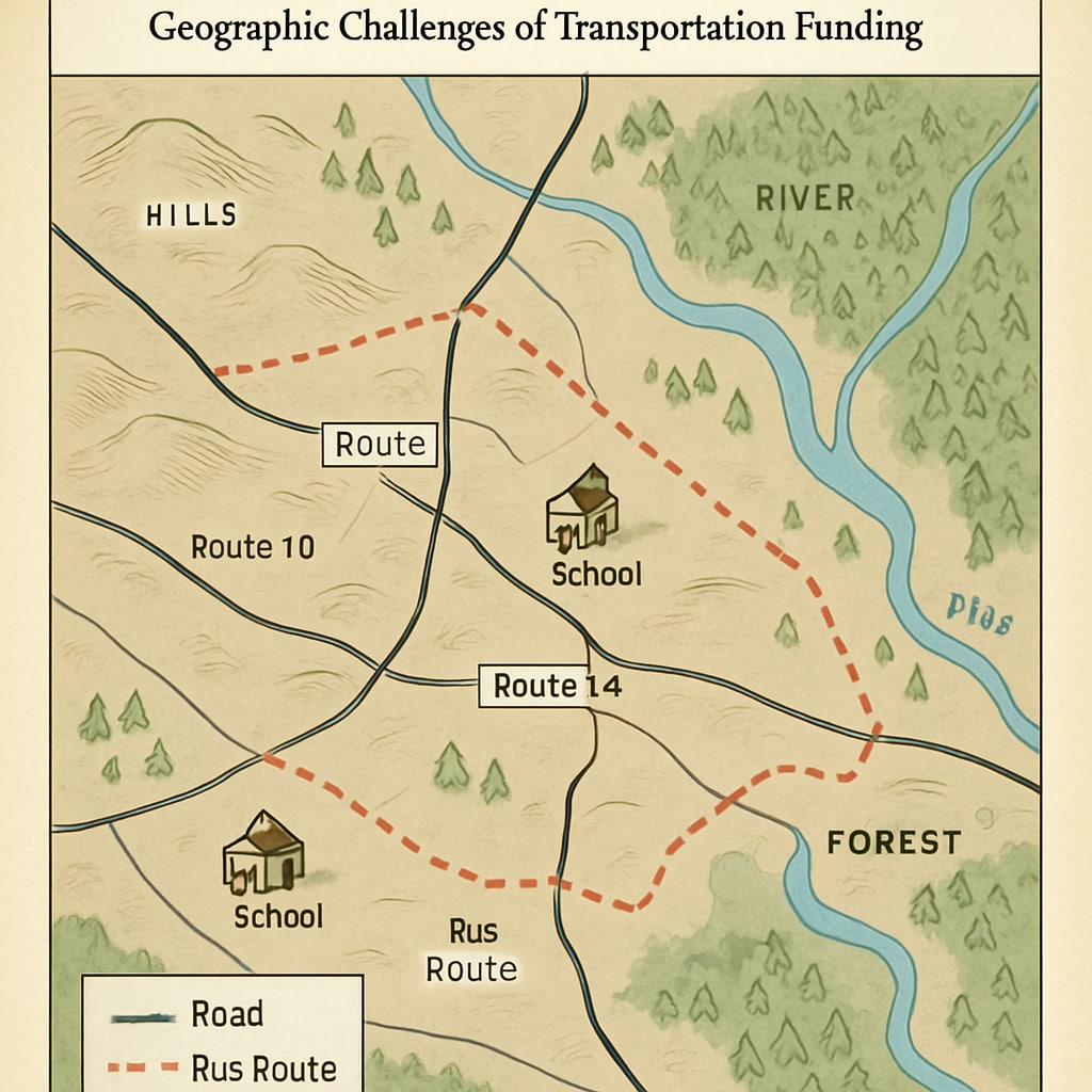 A map of a rural school district showing long bus routes, highlighting the geographic challenges of transportation funding. Map of rural school district emphasizing transportation challenges in school budgets.