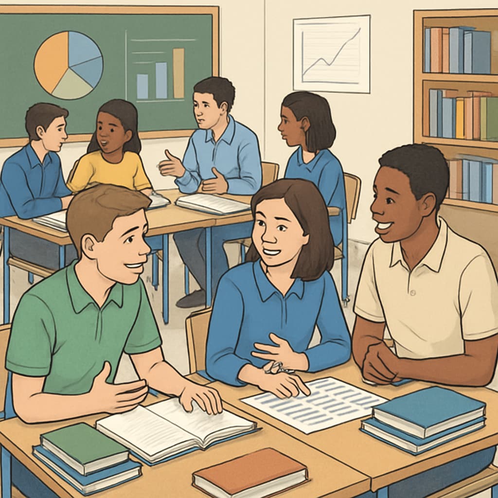 A classroom setting where students are discussing their study plans in groups, emphasizing collaboration and educational choices. Students planning their academic future after A-level setbacks in a classroom.