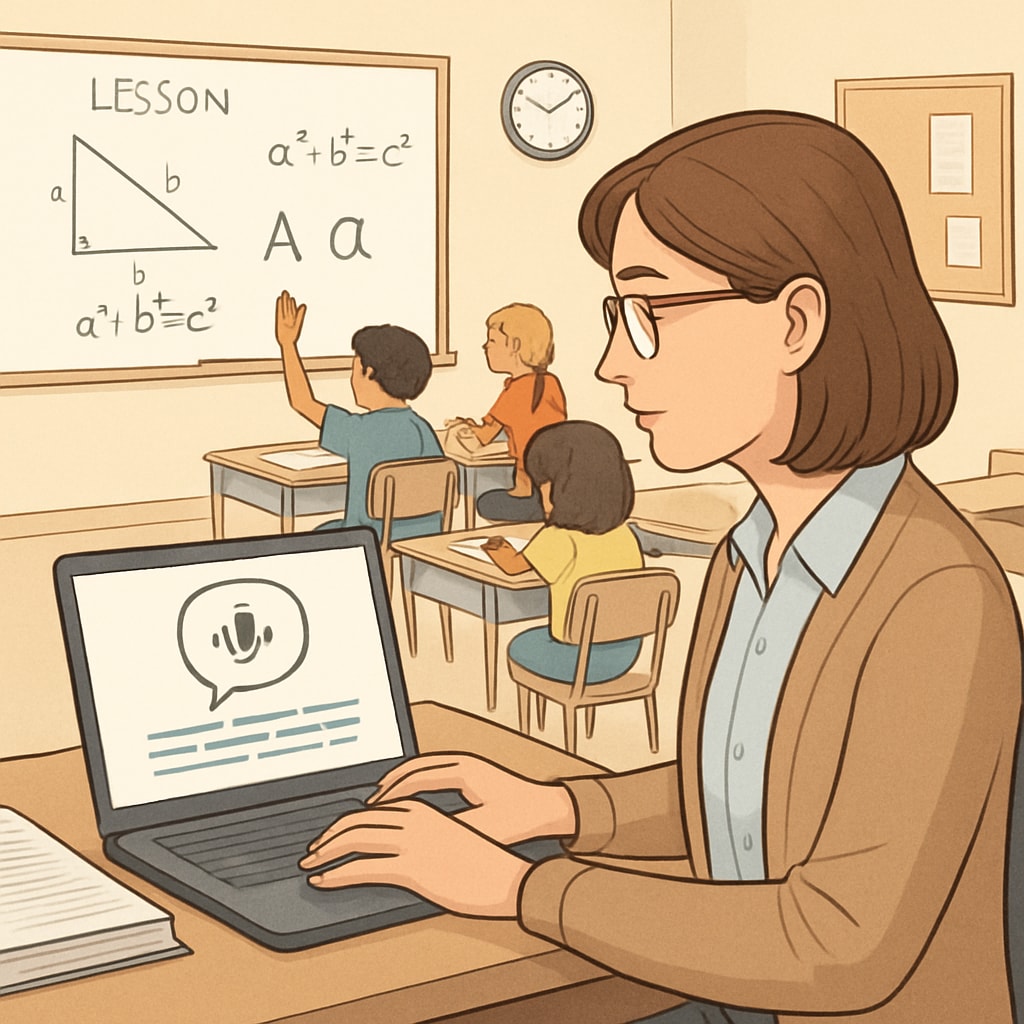 A teacher using a laptop with voice recognition software actively transcribing classroom discussions into text during a lesson. Teacher using voice recognition software to enhance work efficiency and provide feedback.