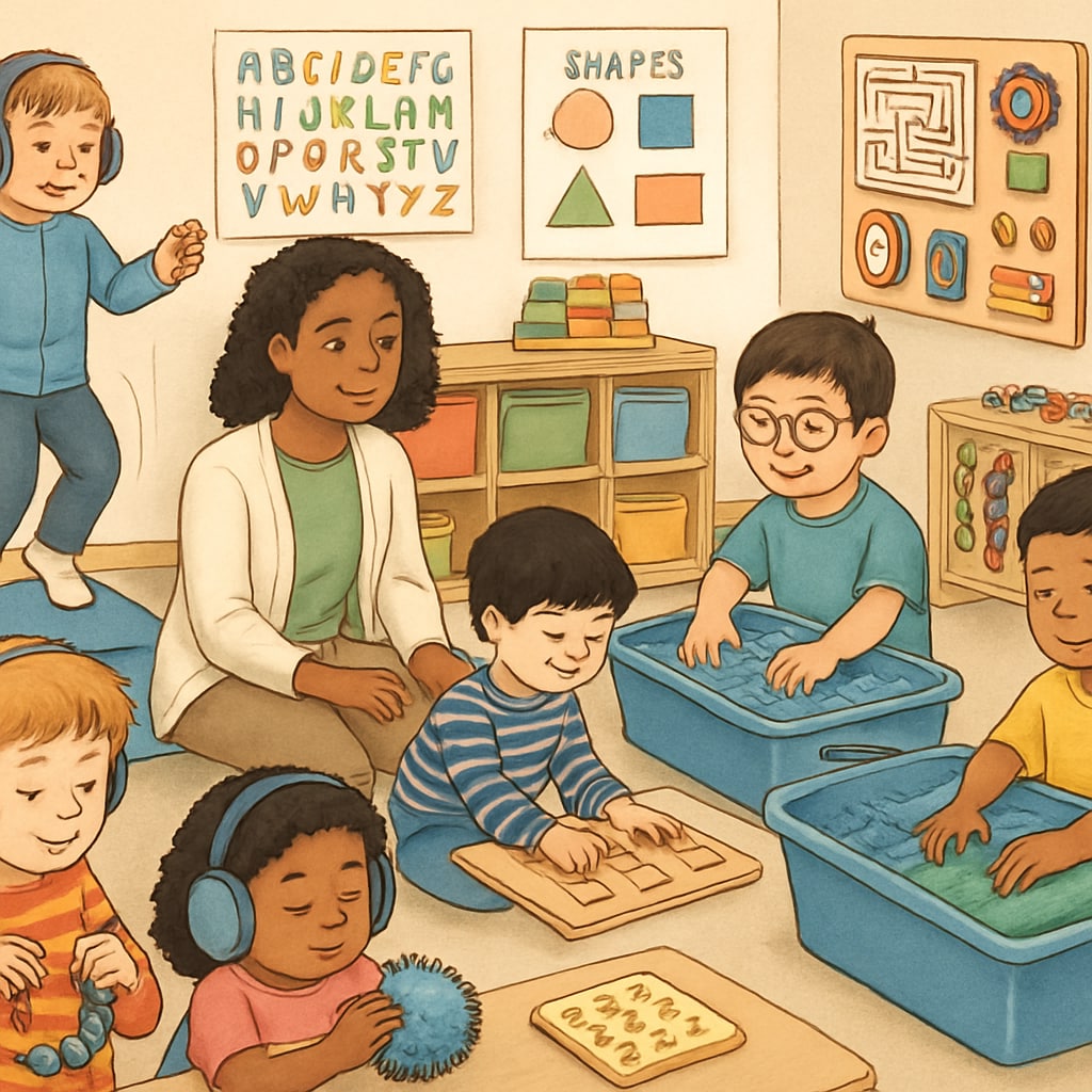 A group of diverse children engaging in sensory-friendly activities at a special education classroom. Special education classroom activities with children on the autism spectrum.