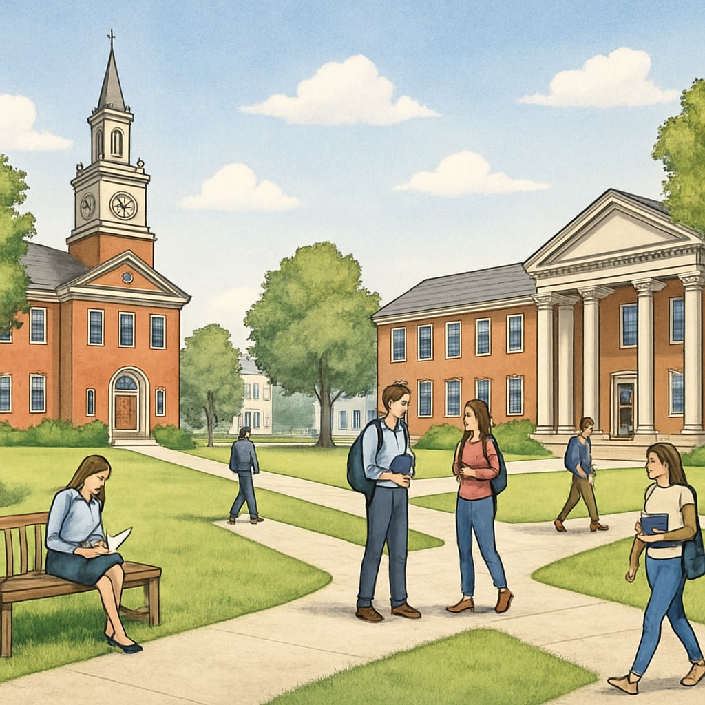 A scenic university campus with students walking around, symbolizing options for academic progression. A university campus representing alternative education pathways after A-level setbacks.