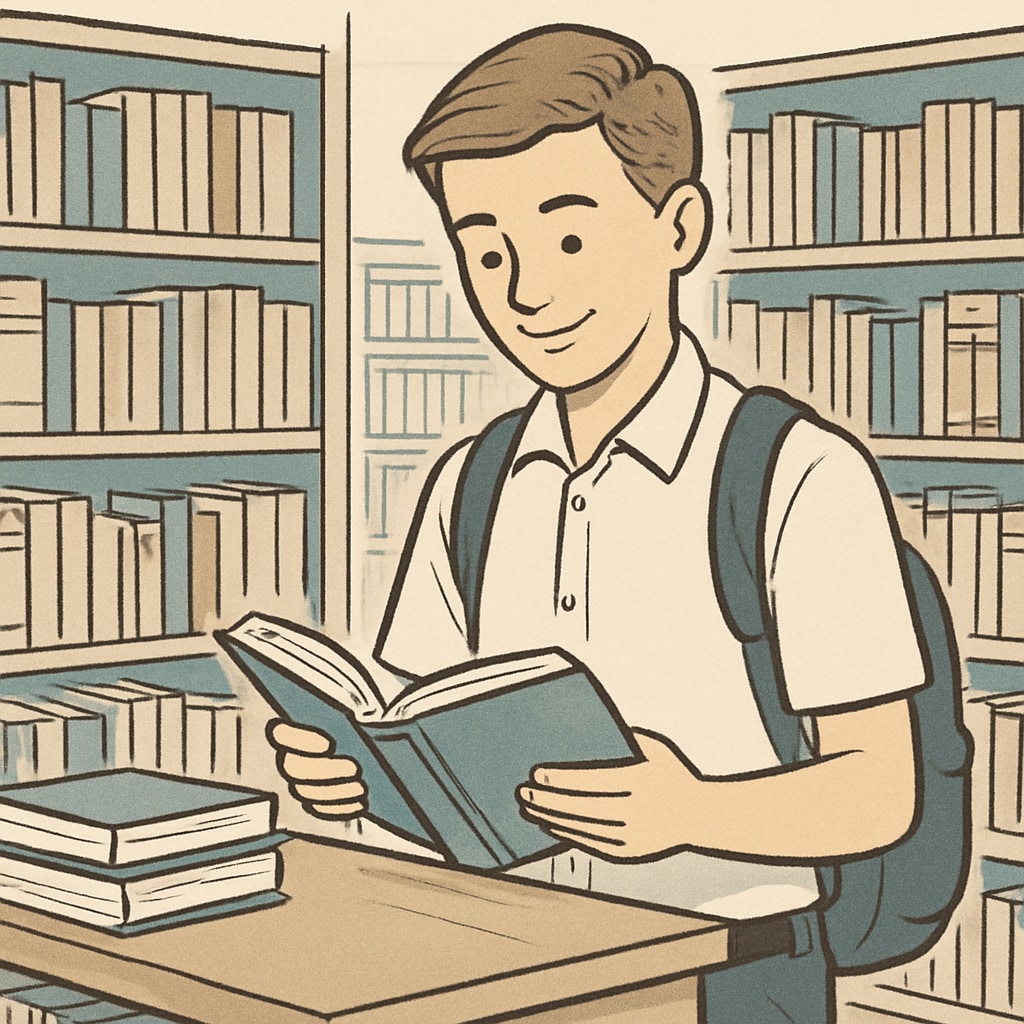 A high school student working at a bookstore, surrounded by shelves of books, illustrating the benefits of gaining work experience. High school student working at a bookstore, highlighting work experience benefits.