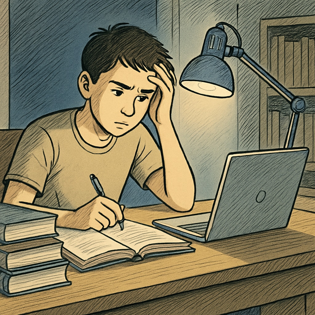 A teenager studying late at night with books and a laptop, symbolizing the challenge of balancing academics and part-time work. Teenager studying late at night, representing the challenges of balancing work and academics.