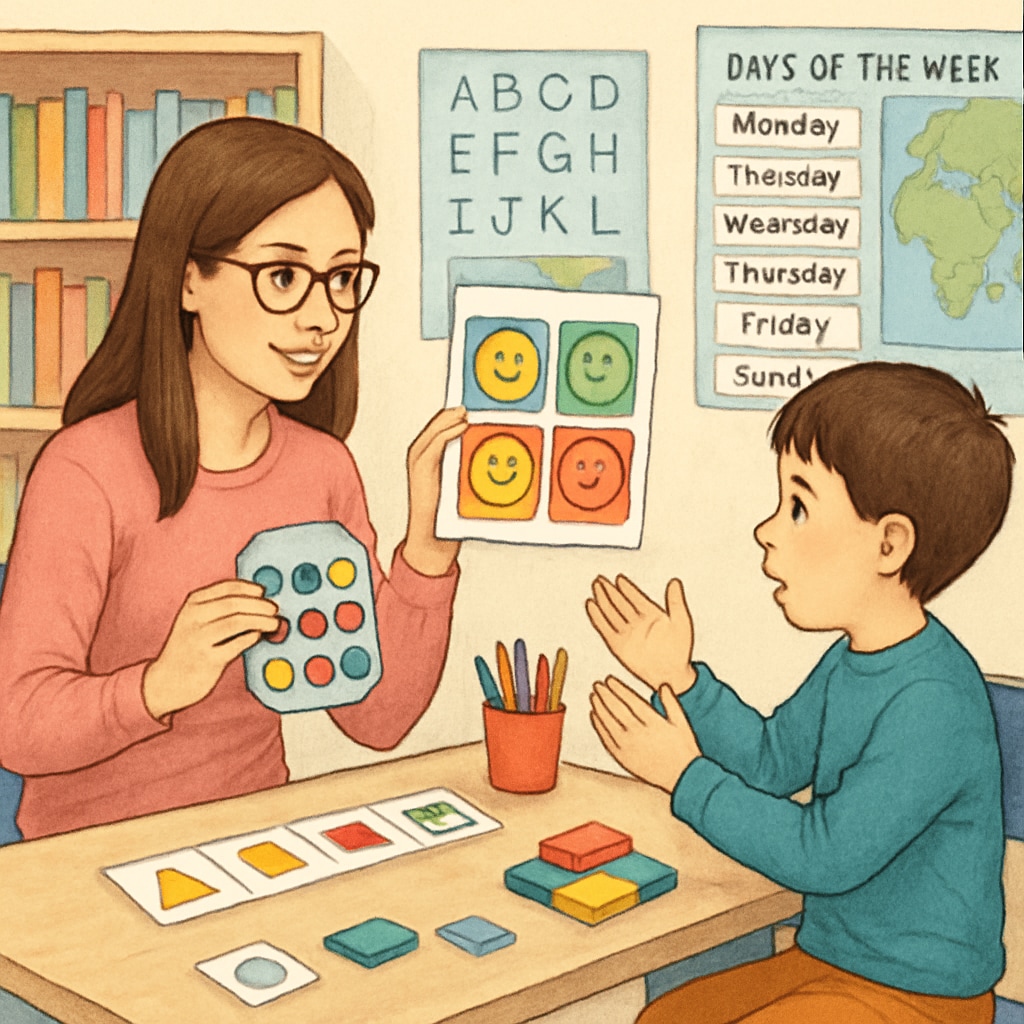 A teacher assistant using visual aids to engage a child with autism in a classroom setting. Teacher assistant helping a child with autism using visual aids in special education.