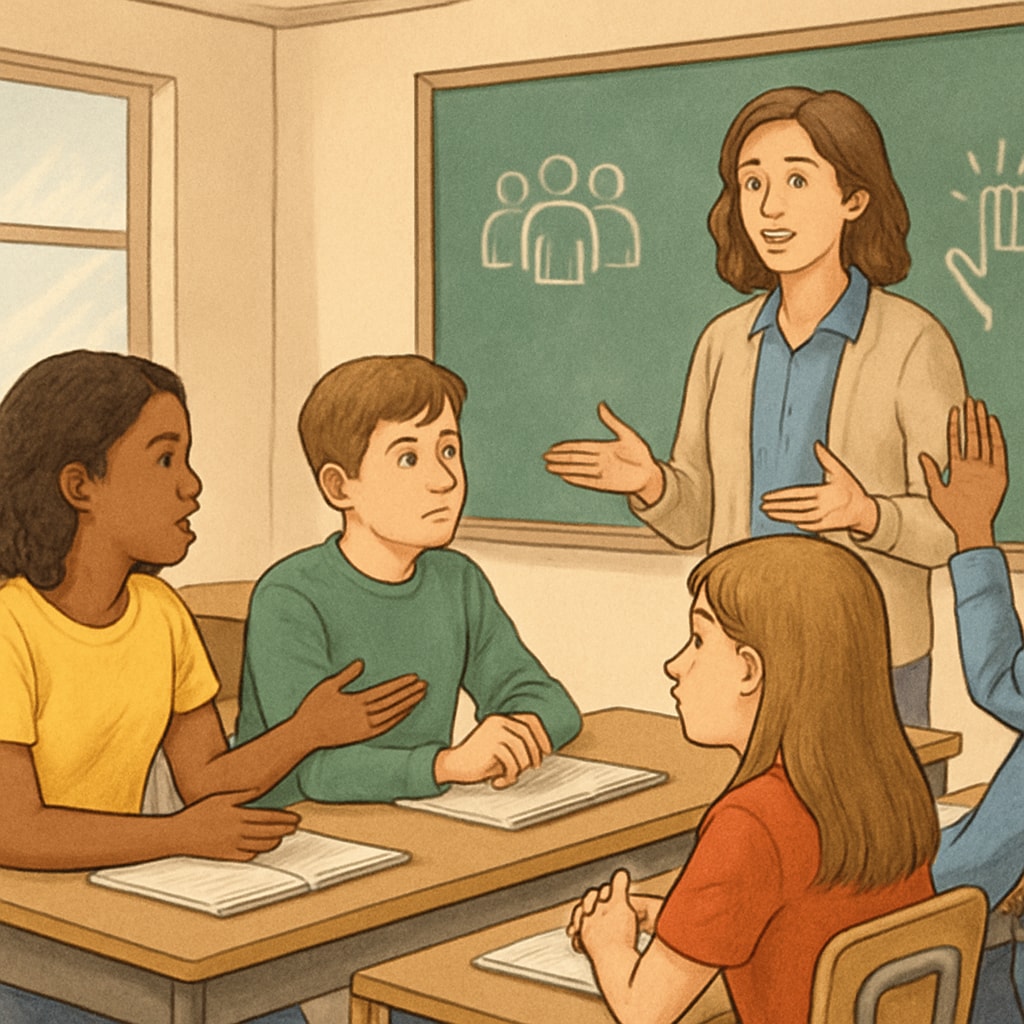 A classroom scene with students engaged in a discussion about social issues, representing the concept of wokeness in education. Students discussing social issues in a classroom setting, showcasing wokeness in schools.
