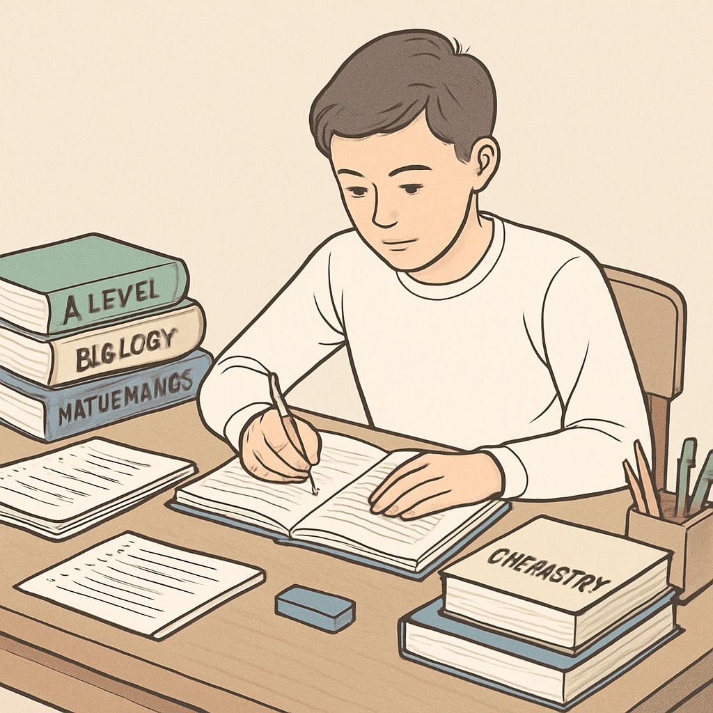 A student studying for A-Level exams at a desk, surrounded by textbooks and notes. A-Level exam preparation with textbooks and notes.