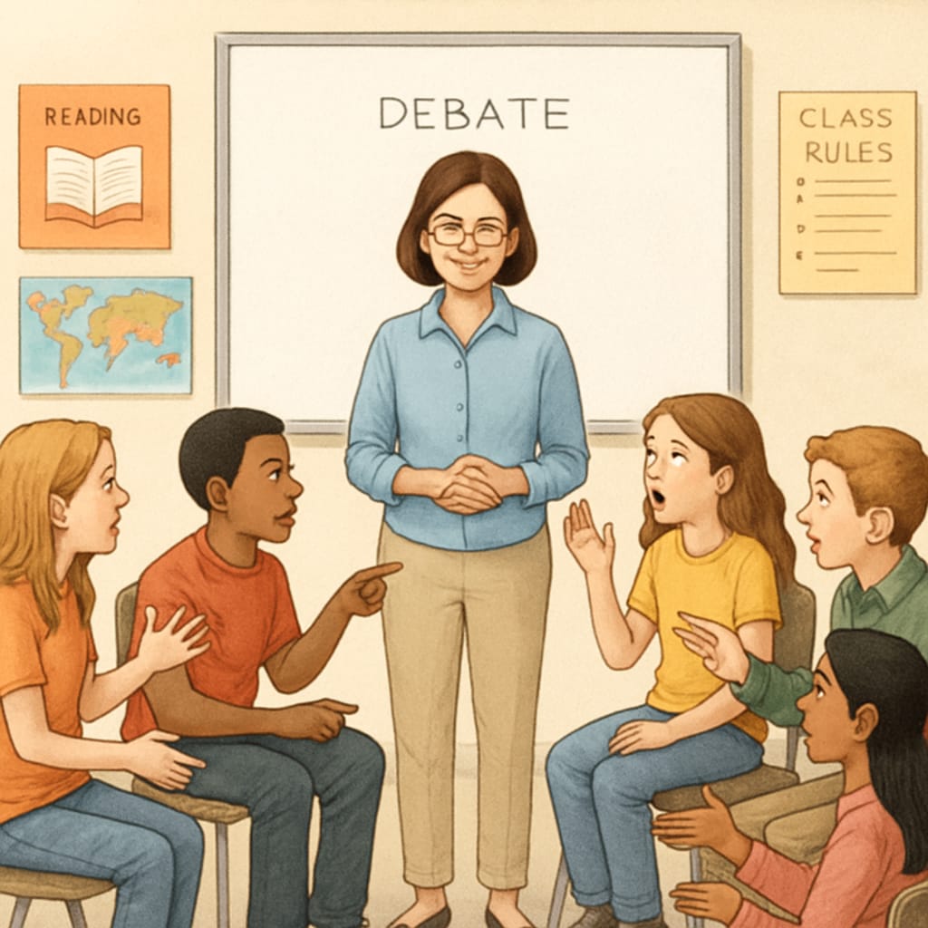 A teacher facilitating a debate among students about societal issues in a neutral and inclusive manner. A teacher guiding students in a balanced discussion about societal topics, reflecting wokeness in schools.