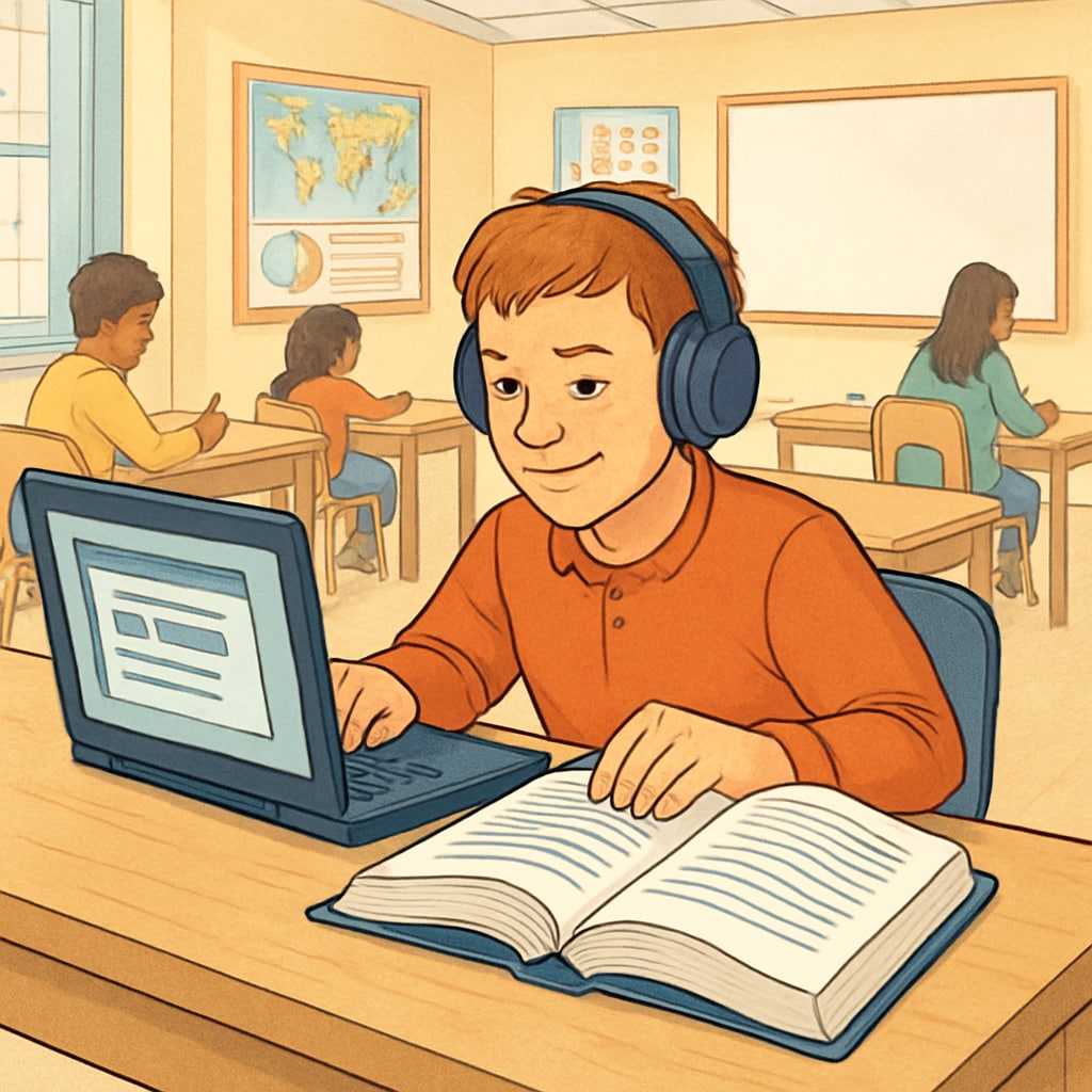 A motivated student with a learning disability studying with adaptive tools in a classroom setting. A student with learning difficulties using assistive tools to study, representing education system support.