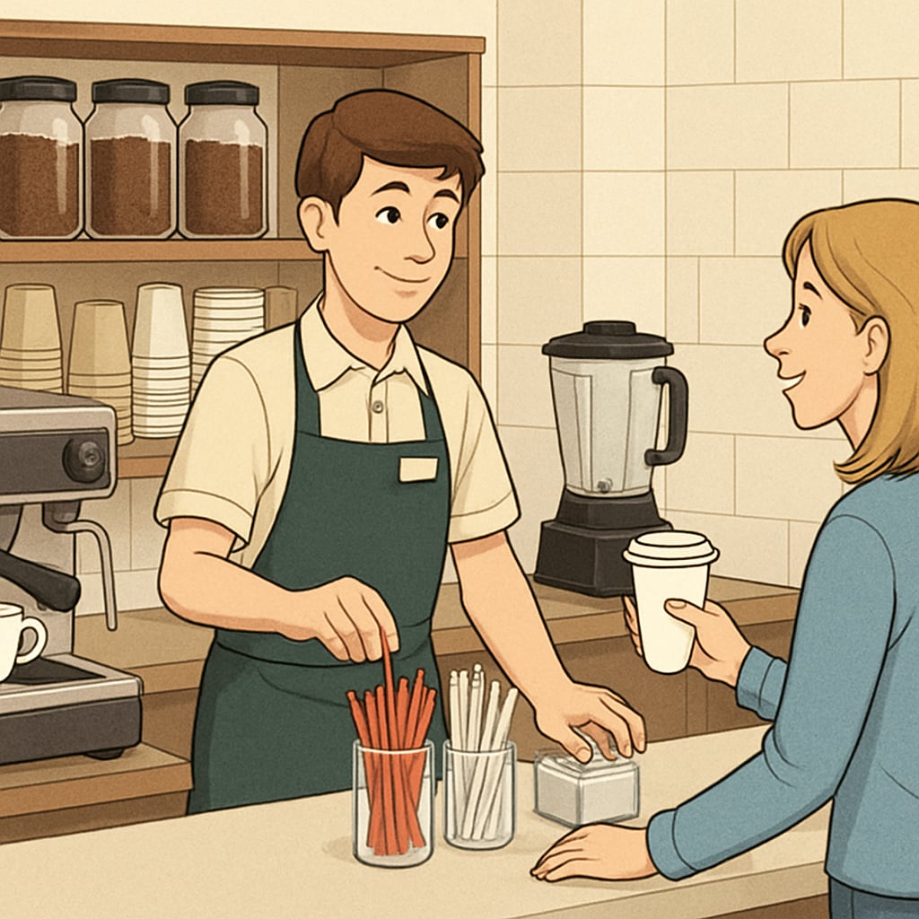 A high school student working at a coffee shop, managing tasks and interacting with customers. The image reflects the benefits of balancing part-time jobs with academics. High school student working part-time at a coffee shop.