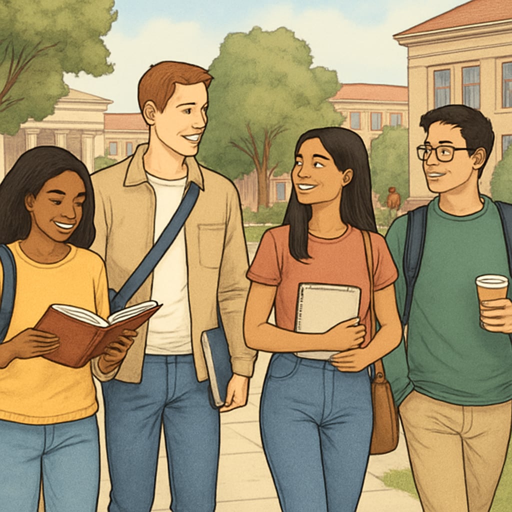 A diverse group of university students walking across campus grounds, showcasing inclusion and opportunity. Students on a university campus exploring education choices.