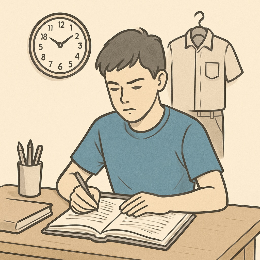 A teenager studying at a desk with a clock and work uniform in the background, symbolizing the balance between work and academics. Teen balancing work and studies with school materials and uniform.