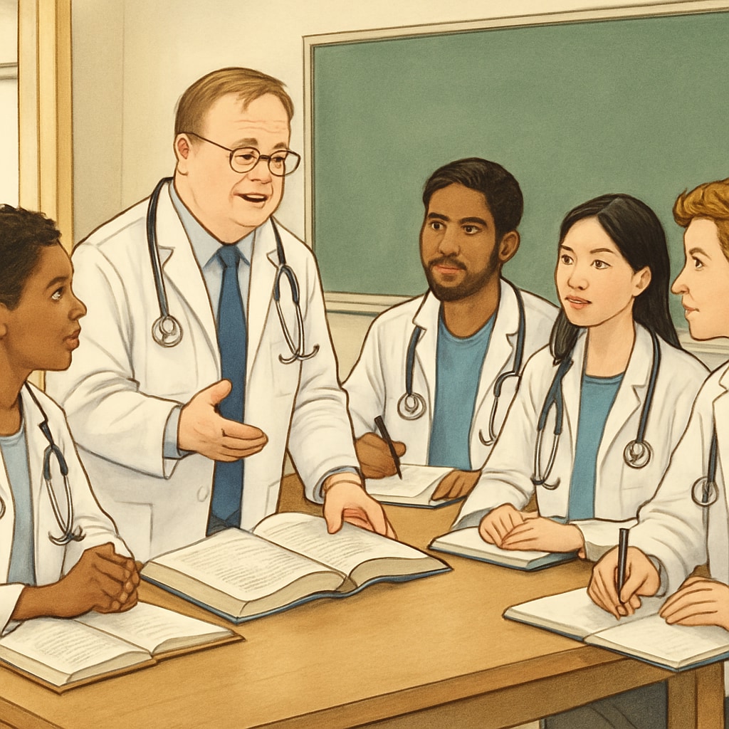 A successful doctor with a learning disability mentoring a group of diverse medical students. A medical professional with a learning disability mentoring students, illustrating the impact of support systems.