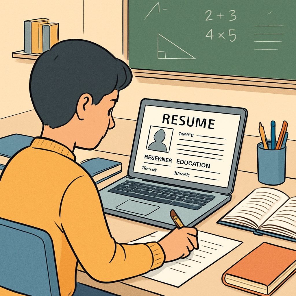 A student working on a resume at a desk with a laptop, showcasing the importance of preparation for Canadian K-12 students. Student preparing resume for Canadian K-12 education system