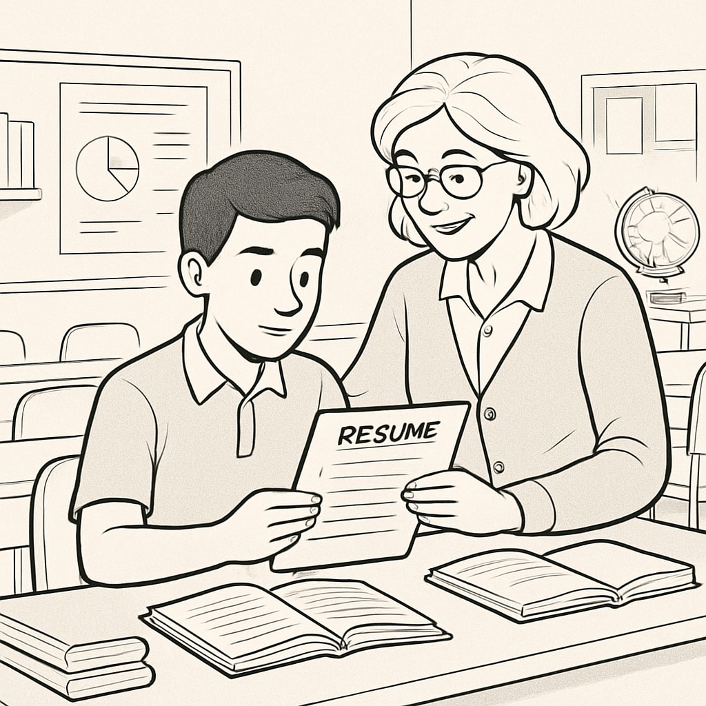 A mentor assisting a student with resume preparation in a classroom setting, reflecting the collaborative nature of Canadian education. Mentor helping student with resume preparation in Canada