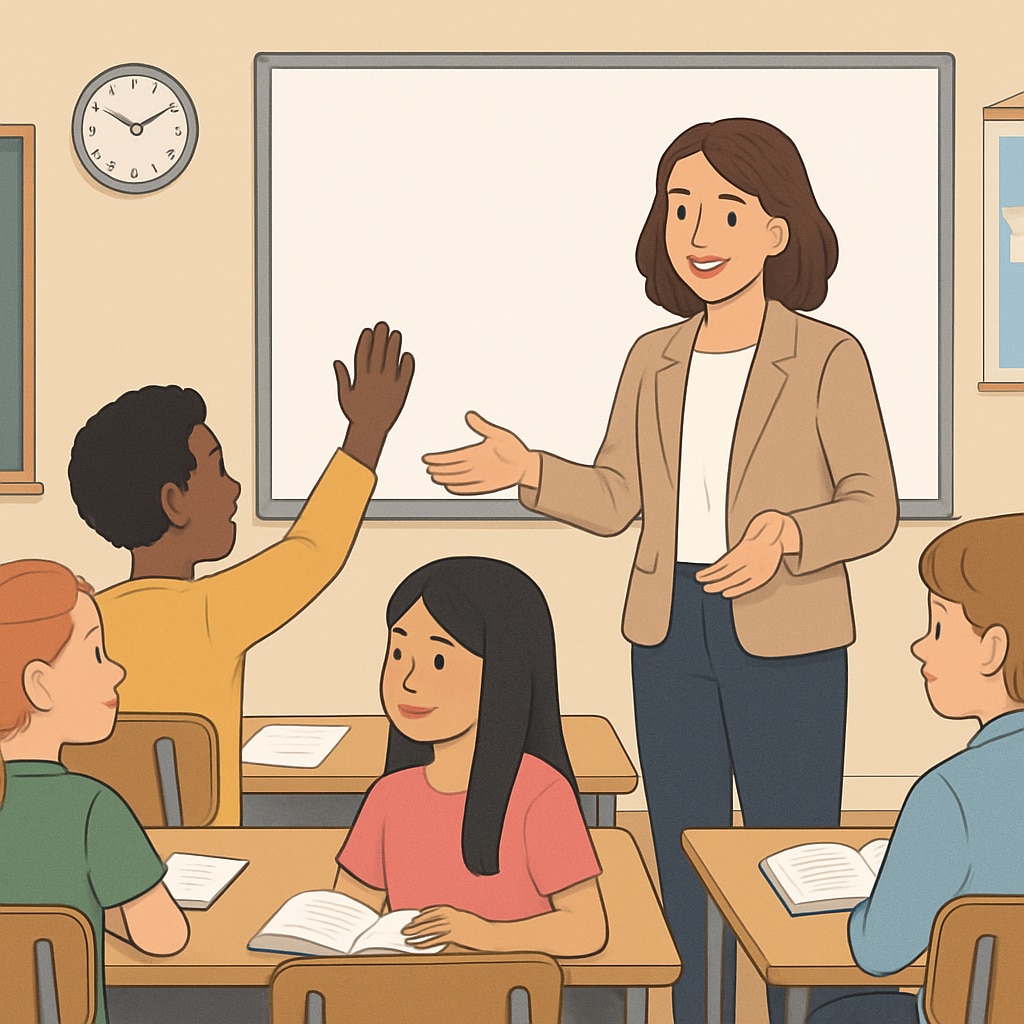 A teacher interacting with students in a diverse classroom, showcasing wokeness in education.