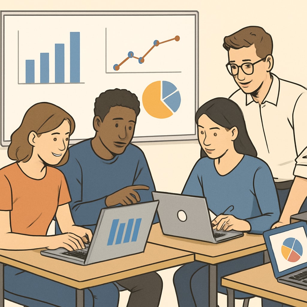 Students collaborating on a data science project using laptops and visualization tools, showcasing teamwork and analytical skills development. Data science project teamwork in K12 education.