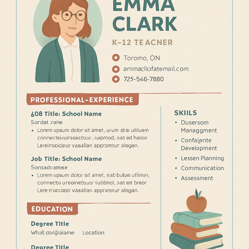 A sample resume layout for K12 teachers applying in Canada, highlighting key sections such as professional experience, education, and skills. Resume example for K12 teachers in Canada.