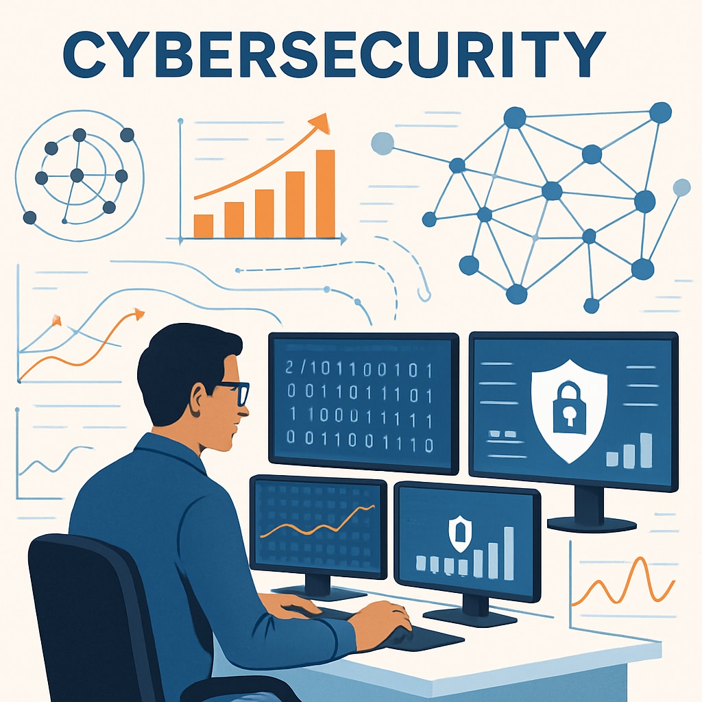 A technical image of a cybersecurity professional analyzing network data, illustrating the dynamic nature of cybersecurity. Cybersecurity professional analyzing network data, highlighting career opportunities.