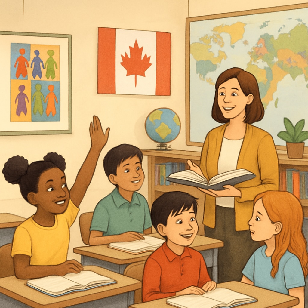 A K12 teacher in a diverse Canadian classroom setting, engaging with students across cultural backgrounds. A teacher working with students in a multicultural Canadian classroom.