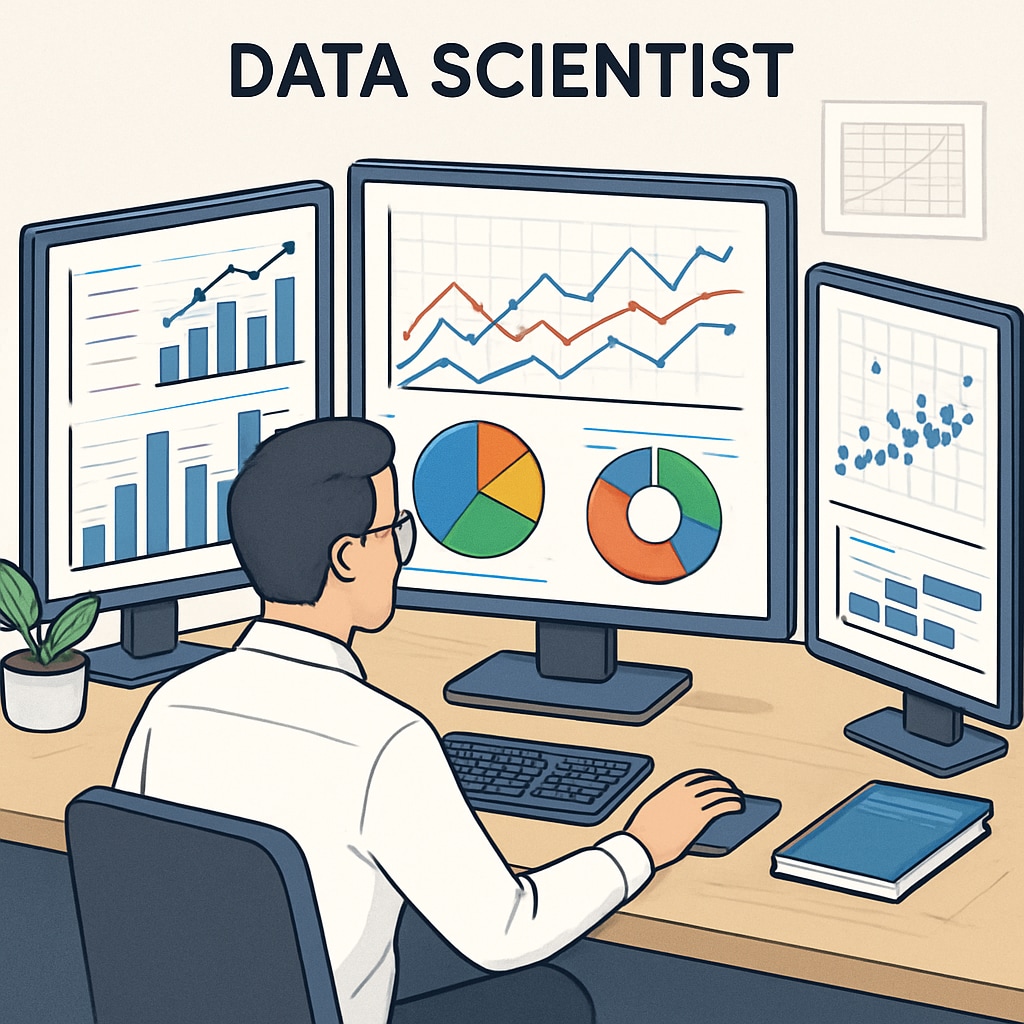 A general image of a data scientist working with visualized datasets on multiple screens, emphasizing the analytical aspect of data science engineering. Data scientist analyzing datasets, showcasing career prospects in data science engineering.