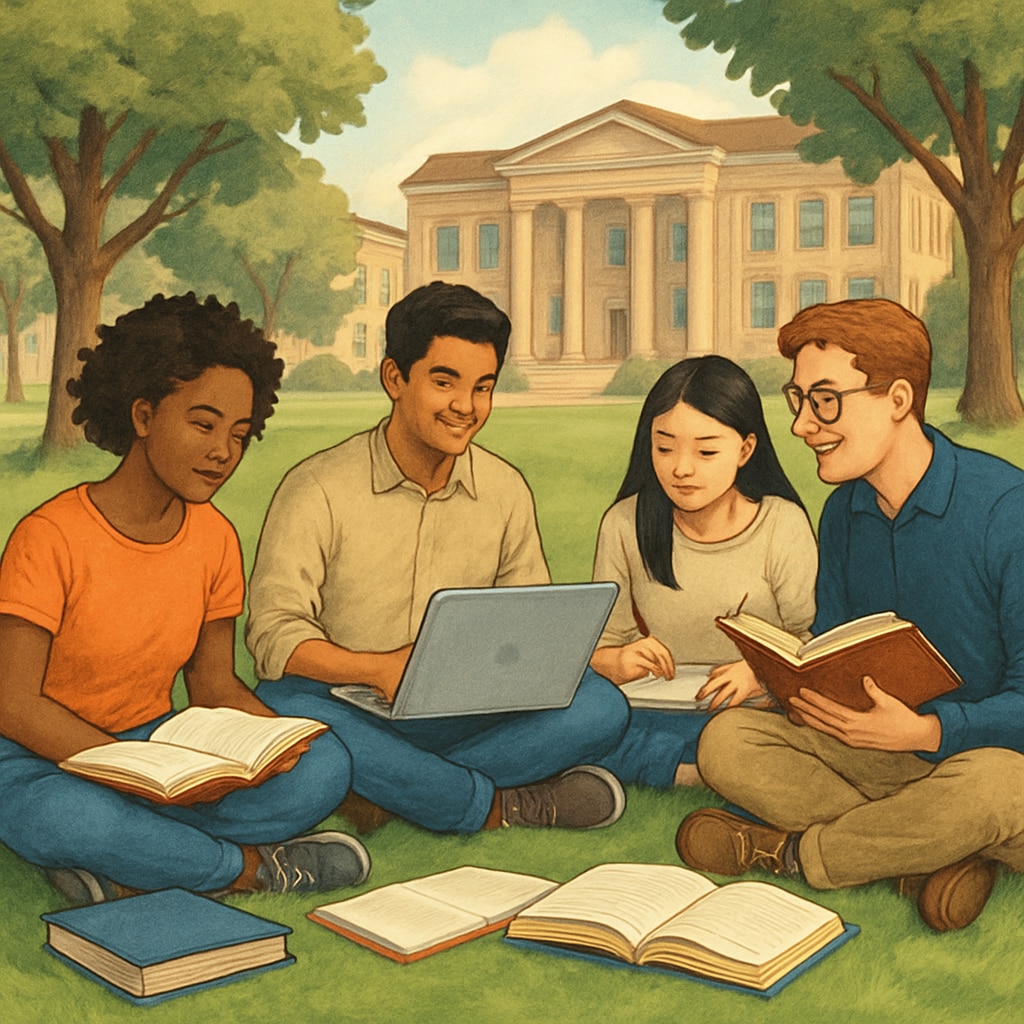 Diverse students studying at a public university campus, contrasting Ivy League elitism.
