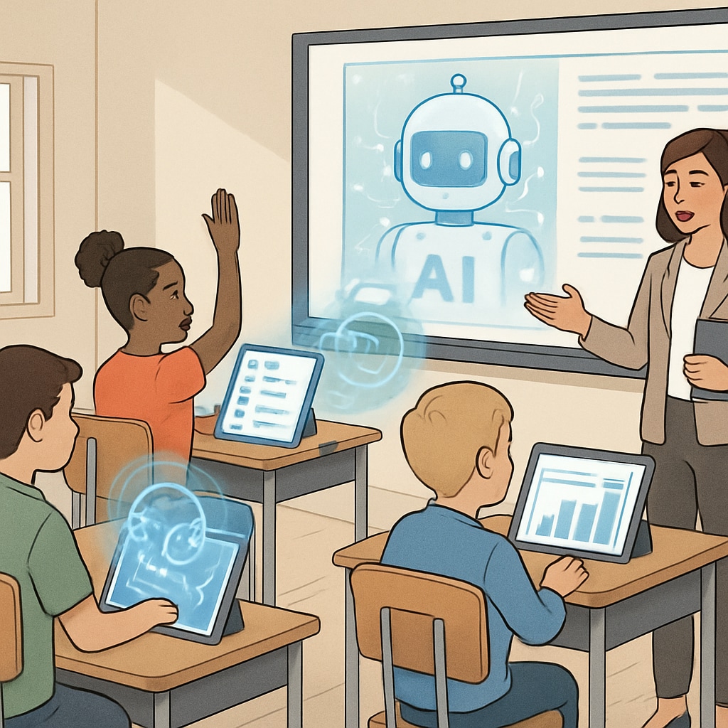 A classroom setting with students using AI-powered learning tools, emphasizing the need for updated assessment methods. Students in a classroom using AI tools for learning, highlighting education reform needs.