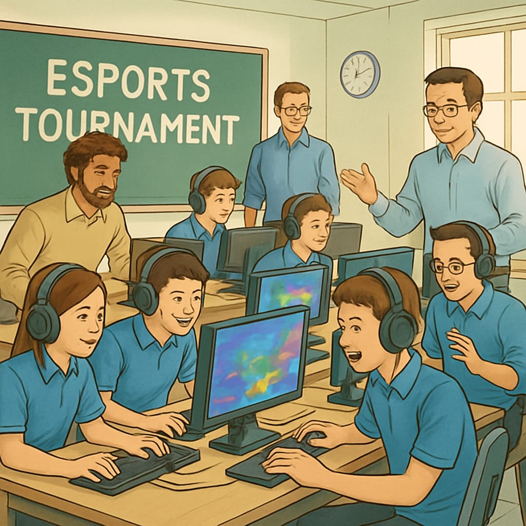 A vibrant esports tournament setting with young students engaging in competitive gaming while mentors guide them. Students participating in an esports event showcasing game-based learning.