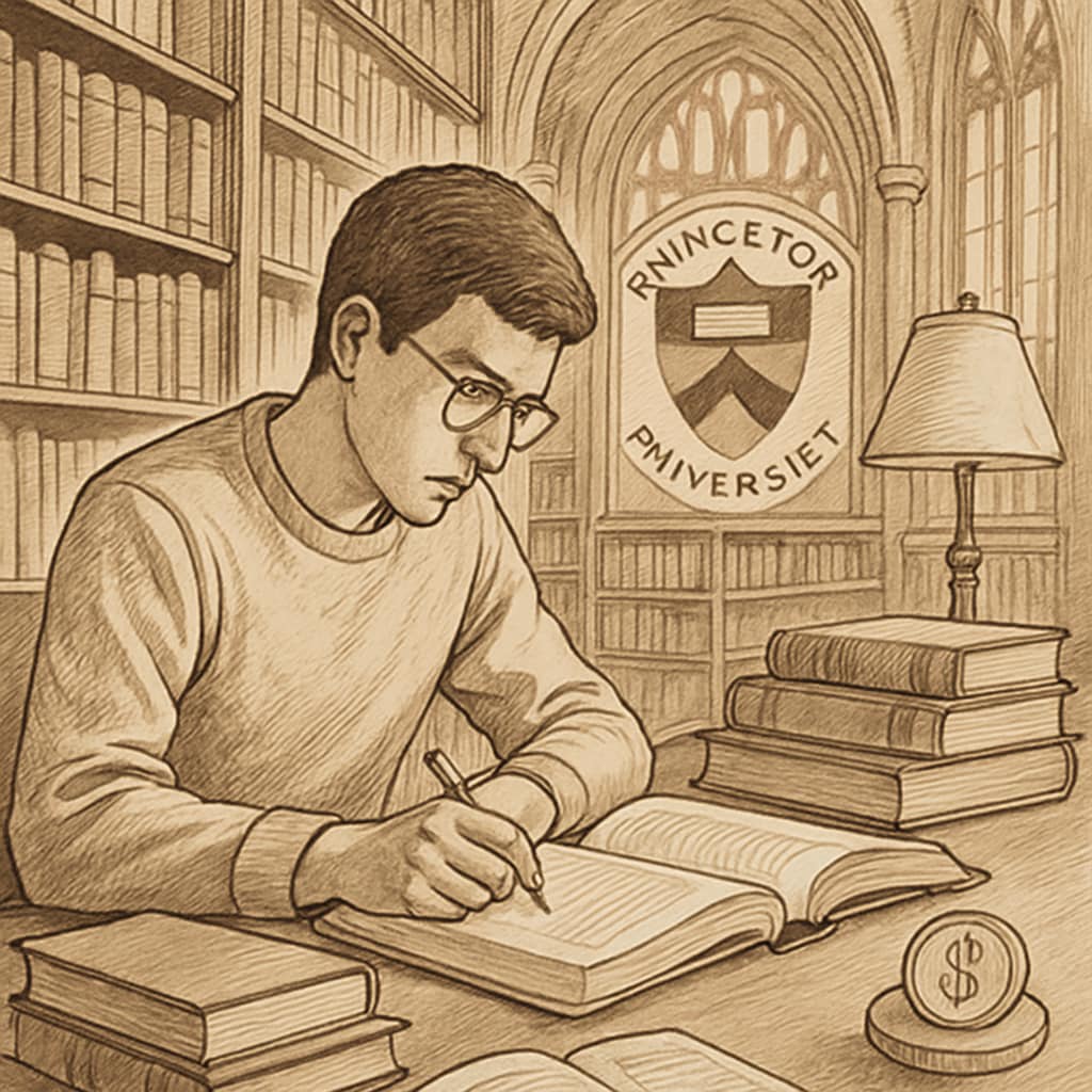 A student studying in Princeton’s iconic library, symbolizing the academic rigor and costs associated with Ivy League education. Princeton library study scene representing Ivy League education costs.