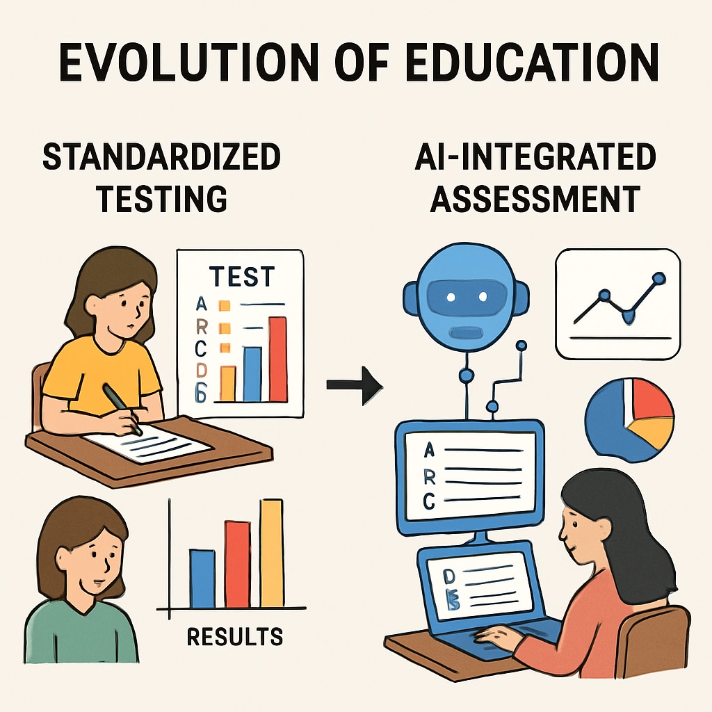 An infographic showing the evolution of education systems, highlighting the shift from standardized testing to AI-integrated assessments. Infographic depicting the transition from traditional testing to AI-driven educational models.
