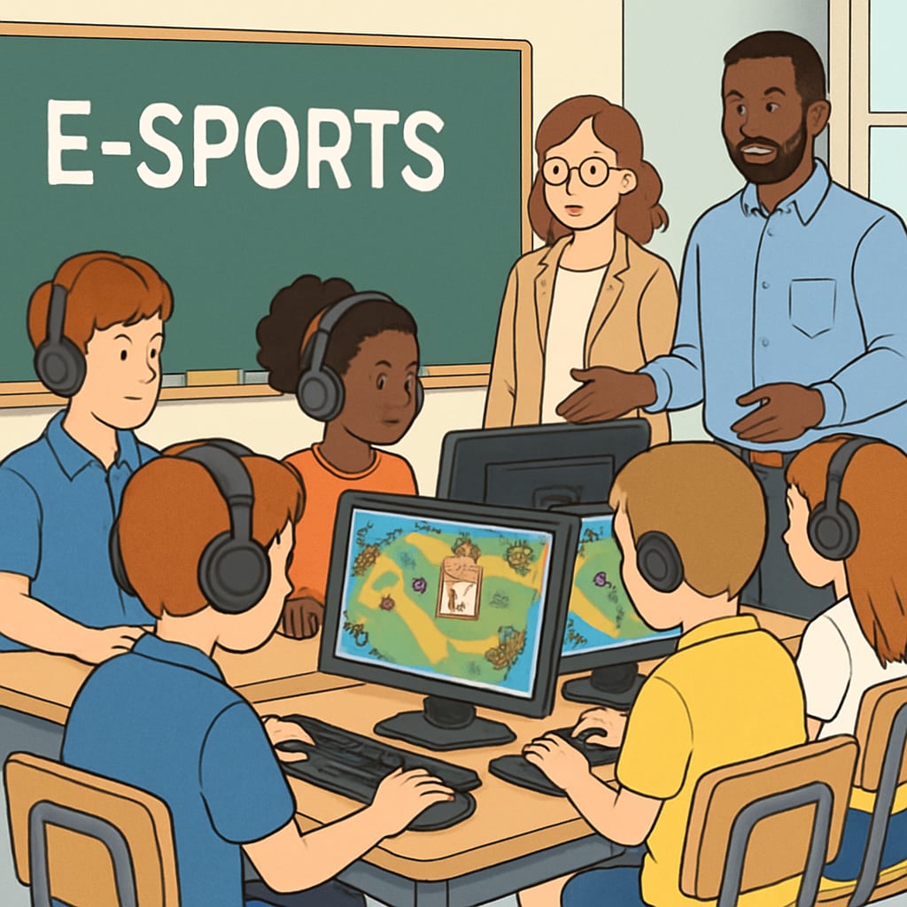 A classroom setting where students are playing an educational esports game on computers, with teachers observing and guiding them. Classroom integrating esports and game-based learning with teacher support.
