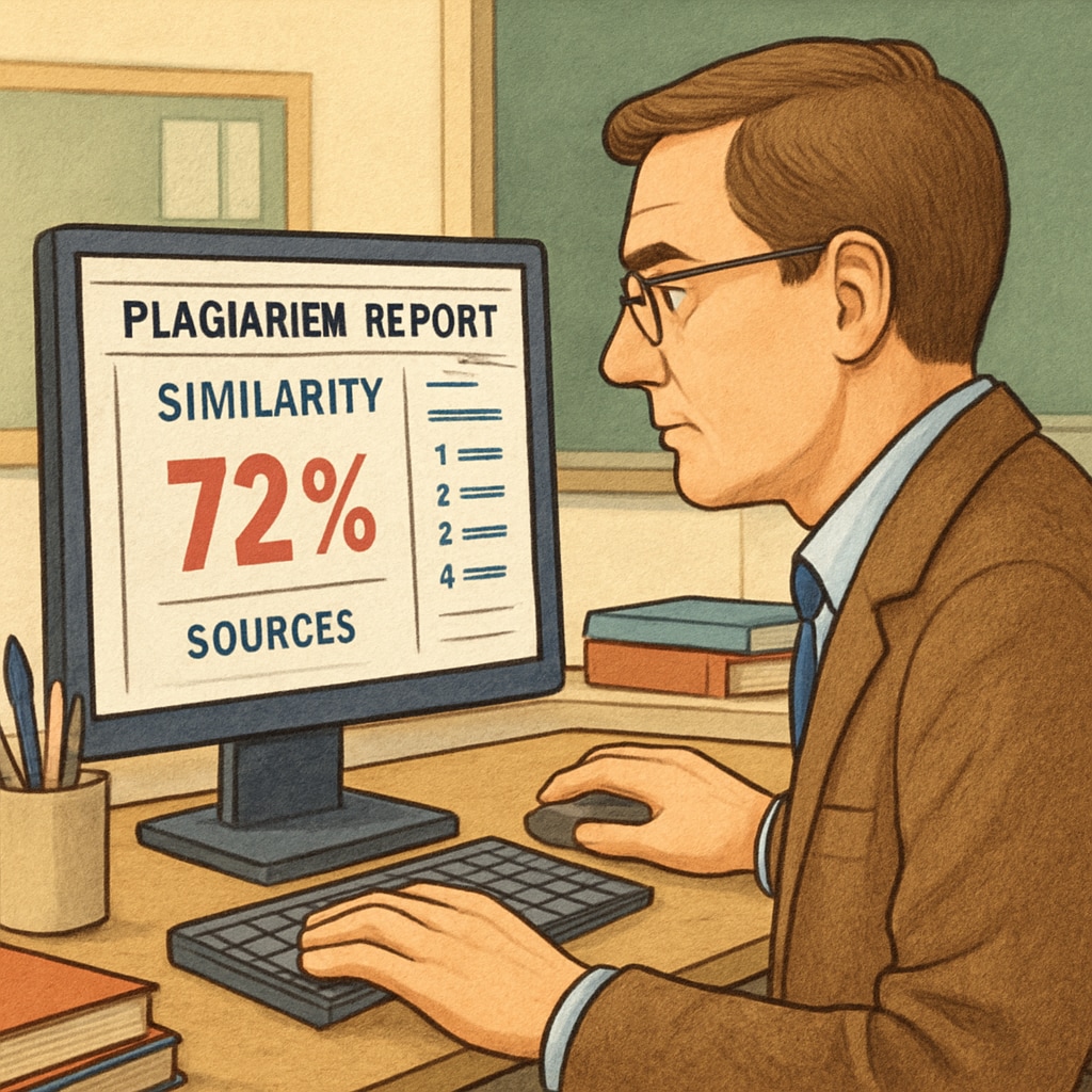 A teacher reviewing a plagiarism report from an online detection tool, representing the use of technology in plagiarism detection. Teacher reviewing plagiarism detection report, illustrating technology's role in academic integrity.