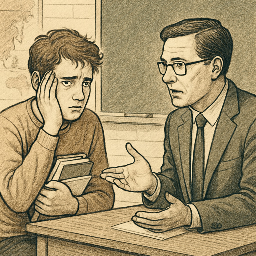A stressed student discussing plagiarism accusations with a teacher, symbolizing the emotional consequences of wrongful accusations. Stressed student and teacher discussing plagiarism accusations, highlighting emotional impact.