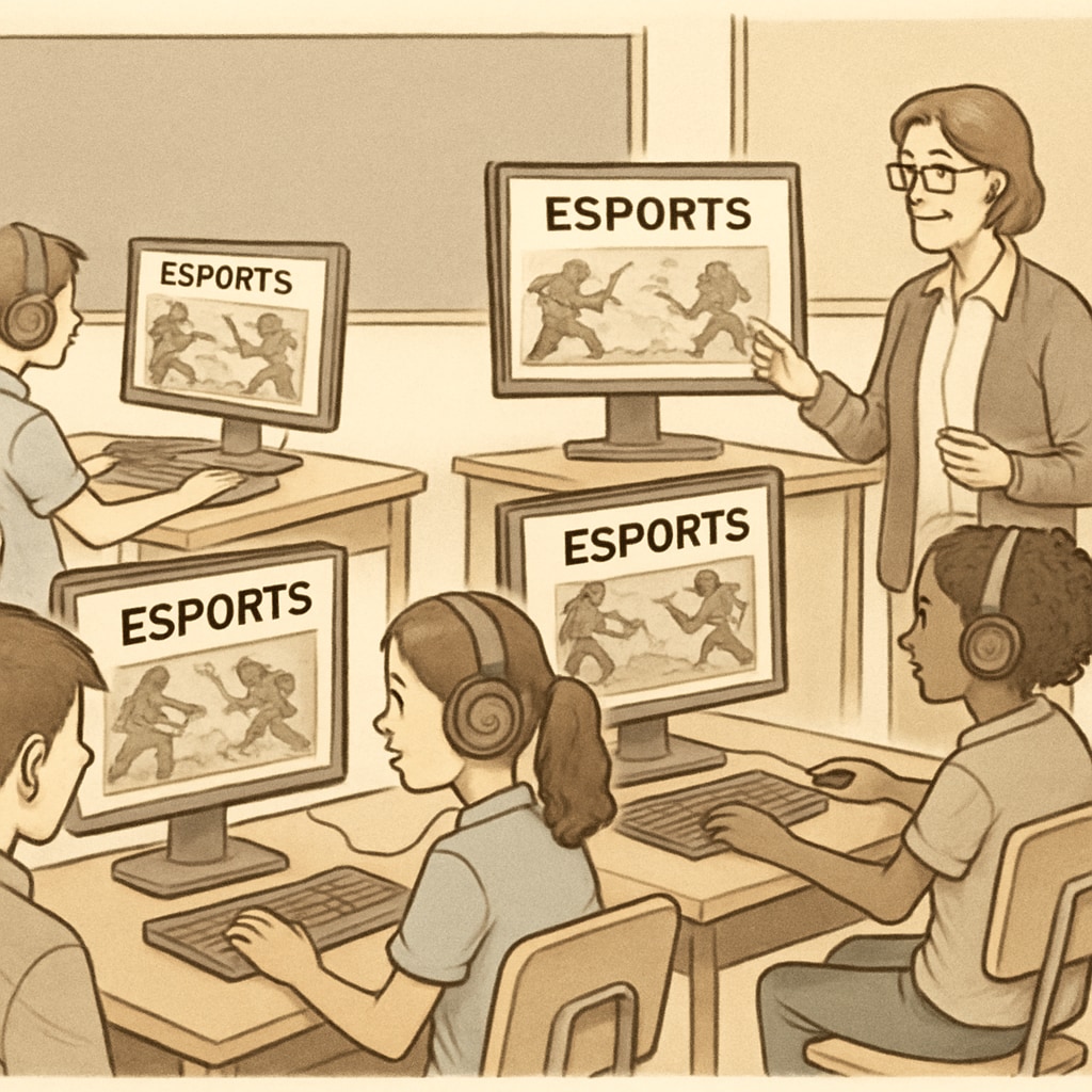A classroom setting where students are engaging with esports platforms for educational purposes, highlighting the integration of gaming in education. Students using esports platforms for game-based learning in a classroom environment.
