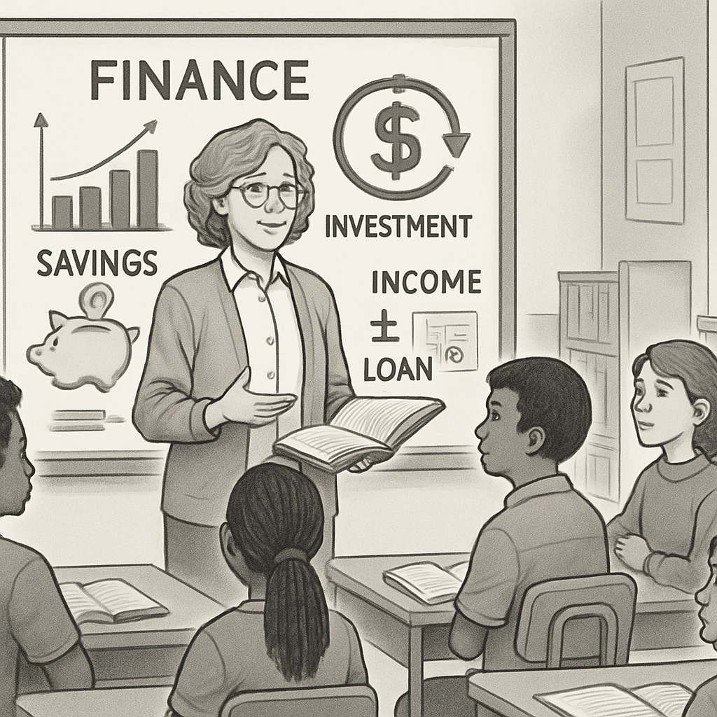 A teacher explaining basic financial concepts to a diverse group of students in a classroom setting. Financial literacy education in a developing country classroom.