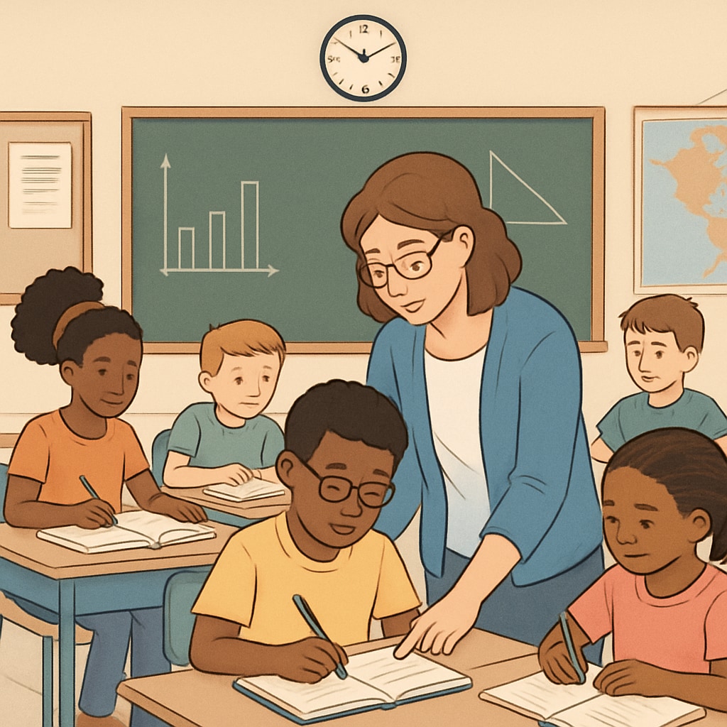 A classroom with diverse students, including one receiving specialized support from a teacher. A classroom with diverse students, emphasizing inclusive education practices.