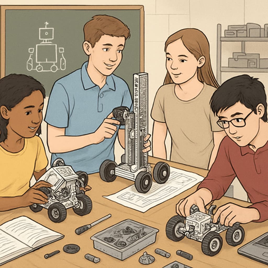A group of high school students attending a robotics workshop, showcasing hands-on learning. High school students engaged in a robotics workshop as part of extracurricular learning.